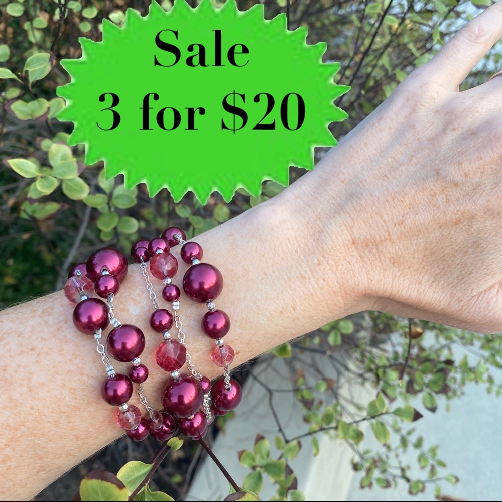 WHBM beaded Bracelet multi-strand adjustable wine jewelry collection cuff silver